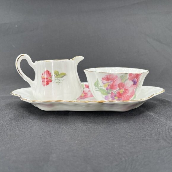 ROYAL STUART SPENCER STEVENSON SUGAR CREAMER TRAY SET PINK PURPLE SWEET PEA - Picture 1 of 15